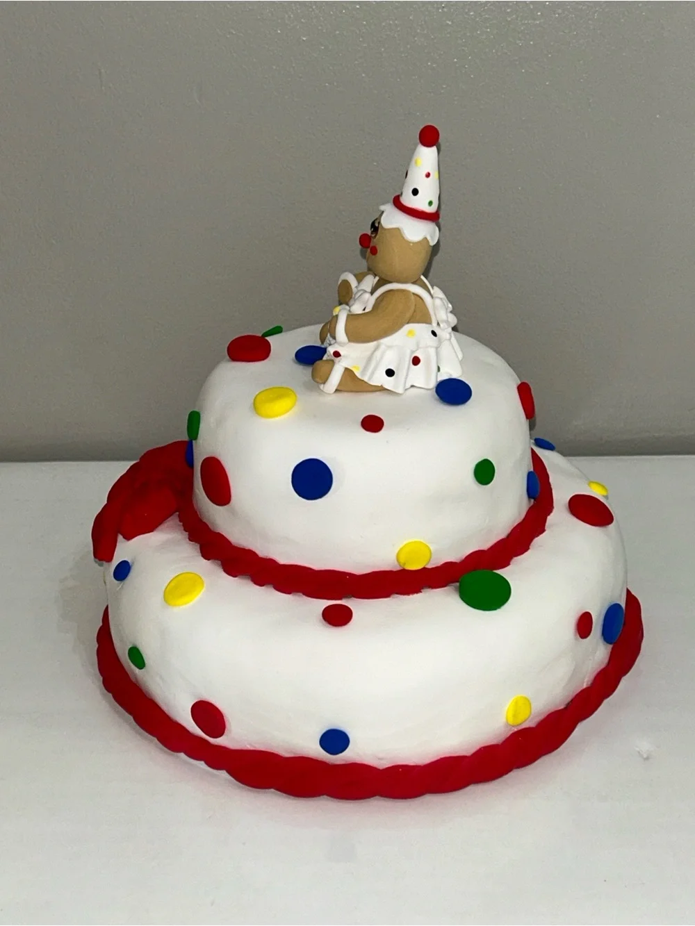 Gingerbread Clown Fake Cake Decoration - White with Red Accents HANDMADE